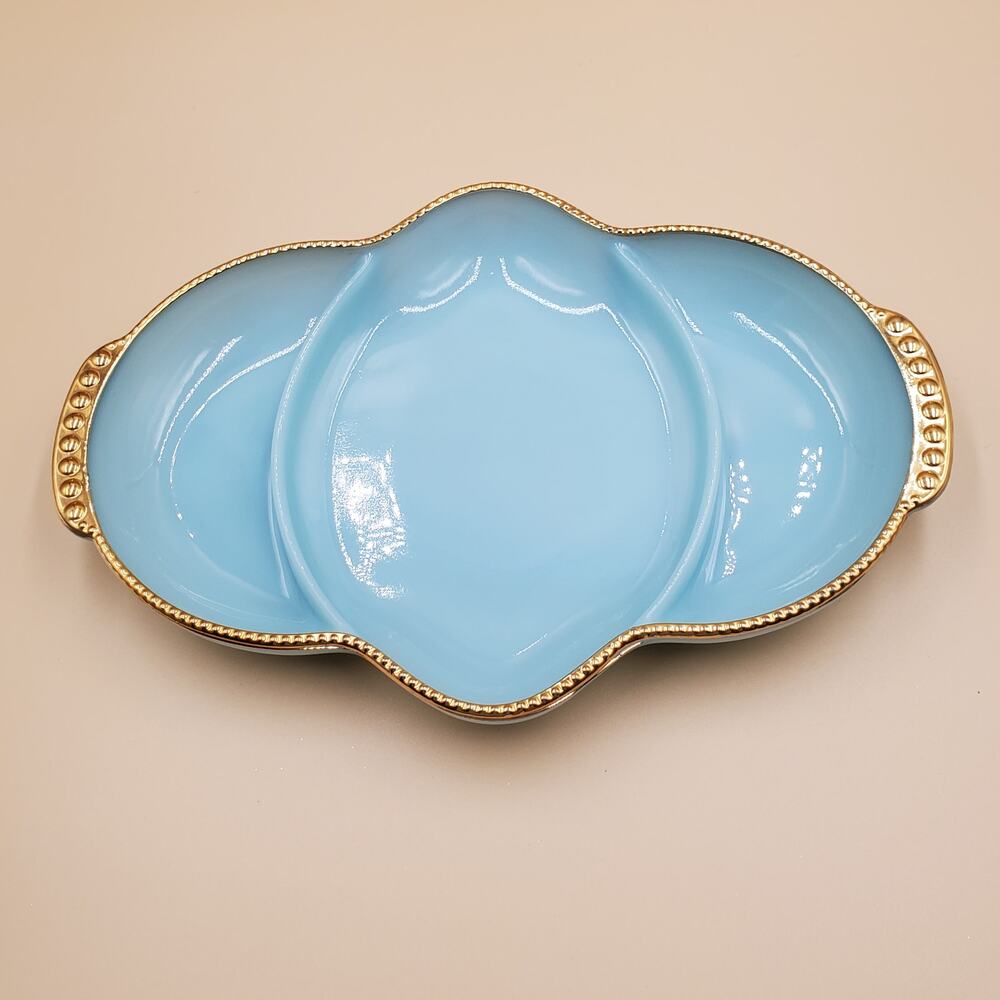 Vintage Fire King Oven Ware Delphite Blue Divided Relish Dish Gold Beaded USA